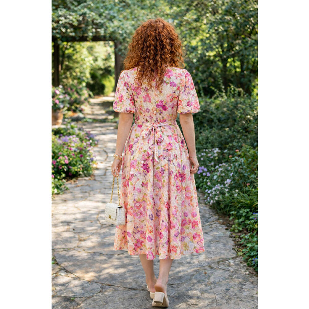 Badgley Mischka Floral Midi Shirt Dress Puff Sleeve Belted Size 4 Lace $650 - Picture 2 of 5